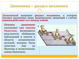 Динамика – раздел механики 
Динамикой называют раздел механики, в котором 
изучают различные виды механических движений с учетом 
взаимодействия тел между собой. 
Основы динамики 
составляют три закона 
Ньютона, являющиеся 
результатом обобщения 
наблюдений и опытов в 
области механических 
явлений, которые были 
известны еще до 
Ньютона и осуществлены 
самим Ньютоном. 
 