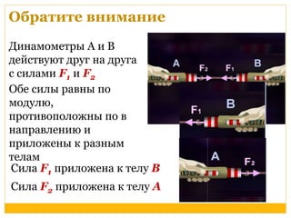 Обратите внимание 
Динамометры А и В 
действуют друг на друга 
с силами F1 и F2 
Обе силы равны по 
модулю, 
противоположны по в 
направлению и 
приложены к разным 
телам 
Сила F1 приложена к телу В 
Сила F2 приложена к телу А 
 