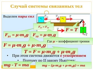 Случай системы связанных тел 
Выделим пары сил 
F = T 
F21 = F12 
F F12 = μ∙m1g 21 = μ∙m2g 
Где μ – коэффициент трения 
F = μ∙m1g + μ∙m2g 
T = F = μ∙m1g + μ∙m2g 
• При этом система движется с ускорением 
• Поэтому по II закону Ньютона: 
mg - T = ma mg – (μ∙m1g + μ∙m2g) = ma 
 