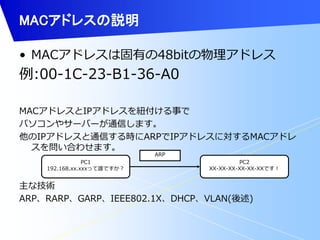 MACアドレスの説明 
• MACアドレスは固有の48bitの物理アドレス 
例:00-1C-23-B1-36-A0 
MACアドレスとIPアドレスを紐付ける事で 
パソコンやサーバーが通信します。 
他のIPアドレスと通信する時にARPでIPアドレスに対するMACアドレ 
スを問い合わせます。 
PC2 
XX-XX-XX-XX-XX-XXです！ 
PC1 
192.168.xx.xxxって誰ですか？ 
ARP 
主な技術 
ARP、RARP、GARP、IEEE802.1X、DHCP、VLAN(後述) 
 