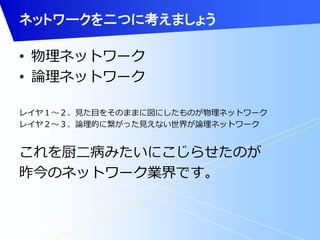 ネットワークを二つに考えましょう 
• 物理ネットワーク 
• 論理ネットワーク 
レイヤ１～２、見た目をそのままに図にしたものが物理ネットワーク 
レイヤ２～３、論理的に繋がった見えない世界が論理ネットワーク 
これを厨二病みたいにこじらせたのが 
昨今のネットワーク業界です。 
 