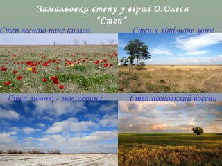 Замальовки степу у вірші О.Олеся 
“Степ” 
Степ весною наче килим Степ у літі-наче море 
Степ зимою - мов перина Степ пожовклий восени 
 