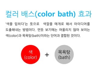 컬러 배스(color bath) 효과 
‘색을 입히다’는 뜻으로 색깔을 매개로 해서 아이디어를 도출해내는 방법이다. 언뜻 보기에는 어울리지 않아 보이는 색(color)과 목욕탕(bath)이라는 단어과 결합된 것이다. 
색 
(color) 
목욕탕 (bath) 
+  