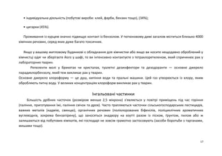 • індивідуальна діяльність (побутові вироби: клей, фарби, бензин тощо), (34%); 
• цигарки (45%). 
Проживання із курцем значно підвищує контакт із бензолом. У тютюновому димі загалом міститься близько 4000 
хімічних речовин, серед яких дуже багато токсичних. 
Якщо у вашому житловому будинкові є обладнання для хімчистки або якщо ви носите нещодавно оброблений у 
хімчистці одяг чи зберігаєте його у шафі, то ви інтенсивно контактуєте з тетрахлоретиленом, який спричинює рак у 
лабораторних тварин. 
Репеленти молі у брикетах чи кристалах, туалетні дезинфектори та дезодоранти — основне джерело 
парадихлорбензолу, який теж викликає рак у тварин. 
Основне джерело хлороформу — це душ, кипіння води та пральні машини. Цей газ утворюється із хлору, яким 
обробляють питну воду. У великих концентраціях хлороформ викликає рак у тварин. 
Інгальовані частинки 
Більшість дрібних часточок (розміром менше 2,5 мікрона) з'являється у повітрі приміщень під час горіння 
(паління, приготування їжі, паління свічок та дров). Часто трапляються часточки сільськогосподарських пестицидів, 
важких металів (кадмію, свинцю), органічних речовин (поліхлорованих біфенілів, поліциклічних ароматичних 
вуглеводнів, зокрема бензапірену), що заносяться знадвору на взутті разом із піском, ґрунтом, пилом або ж 
залишаються від побутових хімікатів, які господарі не зовсім грамотно застосовують (засоби боротьби з тарганами, 
мишами тощо). 
17 
 