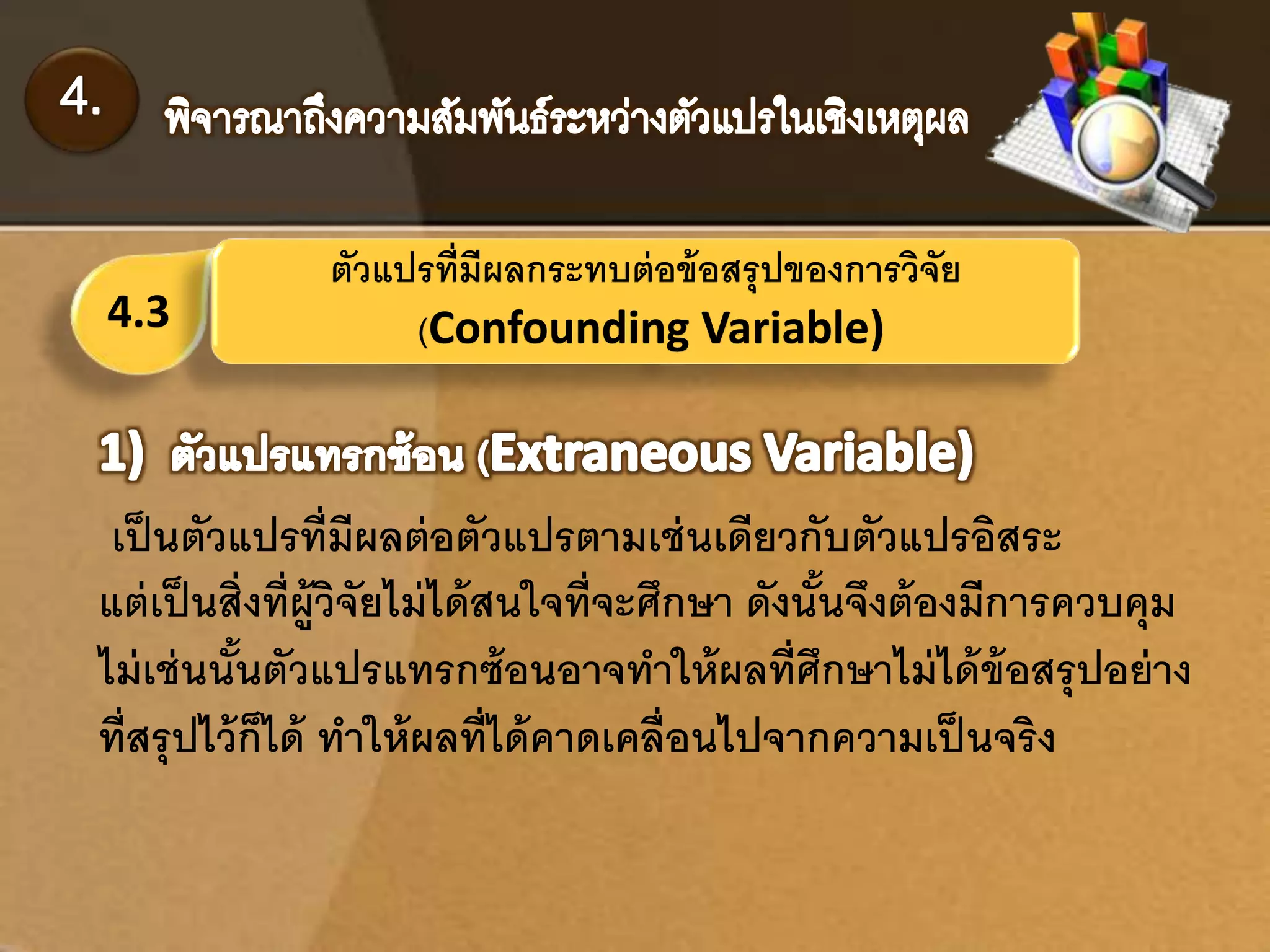 4.3 
ตัวแปรที่มีผลกระทบต่อข้อสรุปของการวิจัย 
(Confounding Variable) 
เป็นตัวแปรที่มีผลต่อตัวแปรตามเช่นเดียวกับตัวแปรอิสระ 
แต่เป็นสิ่งที่ผู้วิจัยไม่ได้สนใจที่จะศึกษา ดังนั้นจึงต้องมีการควบคุม 
ไม่เช่นนั้นตัวแปรแทรกซ้อนอาจทา ให้ผลที่ศึกษาไม่ได้ข้อสรุปอย่าง 
ที่สรุปไว้ก็ได้ ทา ให้ผลท่ไีด้คาดเคลื่อนไปจากความเป็นจริง 
 