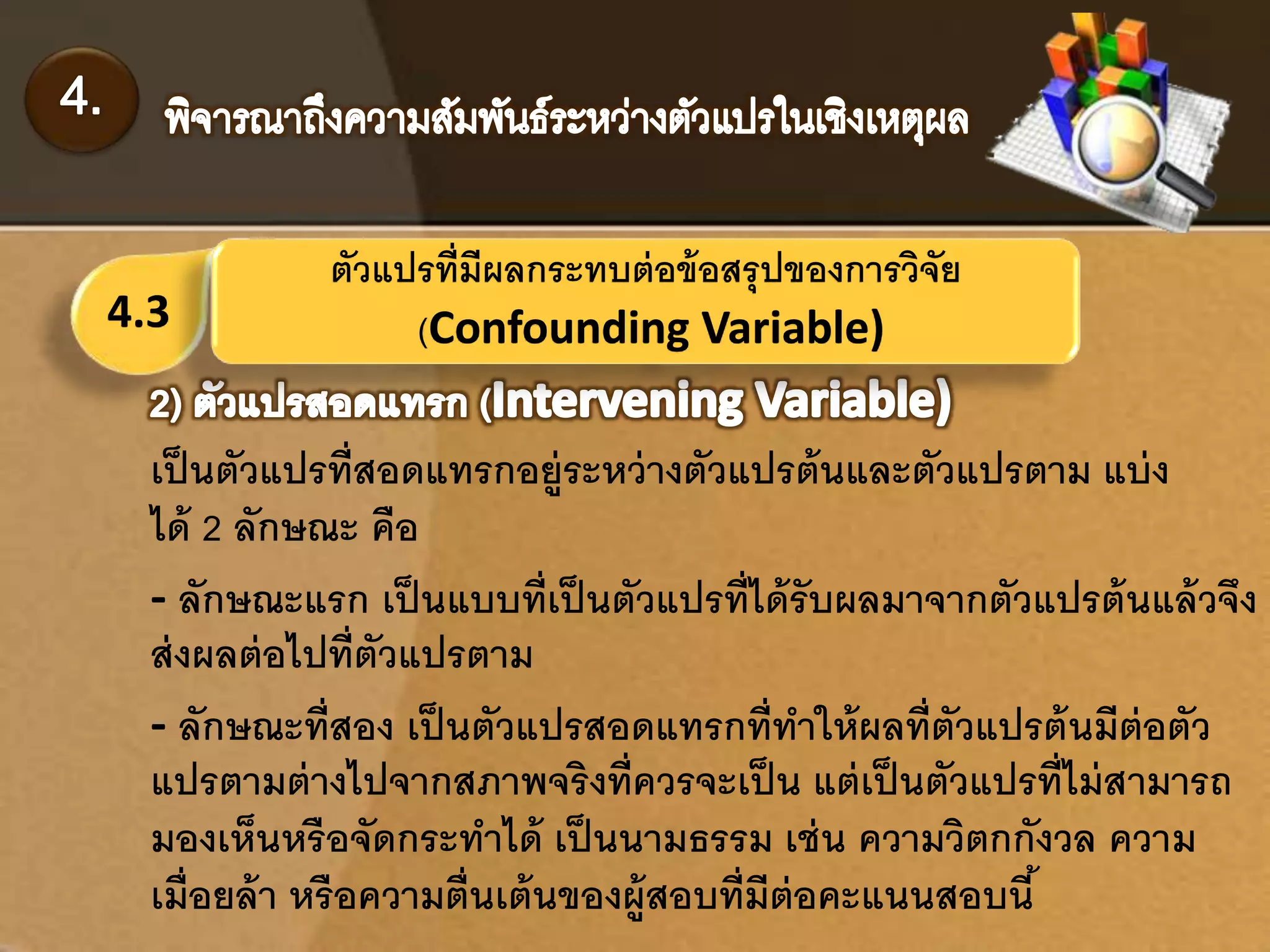 4.3 
ตัวแปรที่มีผลกระทบต่อข้อสรุปของการวิจัย 
(Confounding Variable) 
เป็นตัวแปรที่สอดแทรกอยู่ระหว่างตัวแปรต้นและตัวแปรตาม แบ่ง 
ได้ 2 ลักษณะ คือ 
- ลักษณะแรก เป็นแบบที่เป็นตัวแปรที่ได้รับผลมาจากตัวแปรต้นแล้วจึง 
ส่งผลต่อไปที่ตัวแปรตาม 
- ลักษณะที่สอง เป็นตัวแปรสอดแทรกที่ทา ให้ผลที่ตัวแปรต้นมีต่อตัว 
แปรตามต่างไปจากสภาพจริงที่ควรจะเป็น แต่เป็นตัวแปรที่ไม่สามารถ 
มองเห็นหรือจัดกระทาได้ เป็นนามธรรม เช่น ความวิตกกังวล ความ 
เมื่อยล้า หรือความตื่นเต้นของผู้สอบที่มีต่อคะแนนสอบนี้ 
 