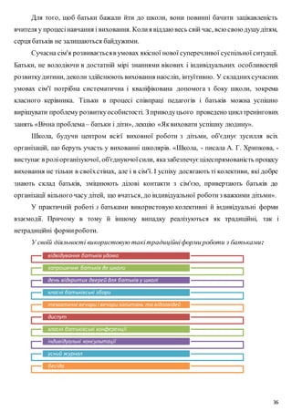 Для того, щоб батьки бажали йти до школи, вони повинні бачити зацікавленість 
вчителя у процесі навчання і виховання. Коли я віддаю весь свій час, всю свою душу дітям, 
серця батьків не залишаються байдужими. 
Сучасна сім'я розвивається в умовах якісної нової суперечливої суспільної ситуації. 
Батьки, не володіючи в достатній мірі знаннями вікових і індивідуальних особливостей 
розвитку дитини, деколи здійснюють виховання наосліп, інтуїтивно. У складних сучасних 
умовах сім'ї потрібна систематична і кваліфікована допомога з боку школи, зокрема 
класного керівника. Тільки в процесі співпраці педагогів і батьків можна успішно 
вирішувати проблему розвитку особистості. З приводу цього проведено цикл тренінгових 
занять «Вічна проблема – батьки і діти», лекцію «Як виховати успішну людину». 
Школа, будучи центром всієї виховної роботи з дітьми, об'єднує зусилля всіх 
організацій, що беруть участь у вихованні школярів. «Школа, - писала А. Г. Хрипкова, - 
виступає в ролі організуючої, об'єднуючої сили, яка забезпечує цілеспрямованість процесу 
виховання не тільки в своїх стінах, але і в сім'ї. І успіху досягають ті колективи, які добре 
знають склад батьків, зміцнюють ділові контакти з сім'єю, привертають батьків до 
організації вільного часу дітей, що вчаться, до індивідуальної роботи з важкими дітьми». 
У практичній роботі з батьками використовую колективні й індивідуальні форми 
взаємодії. Причому в тому й іншому випадку реалізуються як традиційні, так і 
нетрадиційні форми роботи. 
36 
У своїй діяльності використовую такі традиційні форми роботи з батьками: 
відвідування батьків удома 
запрошення батьків до школи 
день відкритих дверей для батьків у школі 
класні батьківські збори 
тематичні вечори і вечори запитань та відповідей 
диспут 
класні батьківські конференції 
індивідуальні консультації 
усний журнал 
бесіда 
 