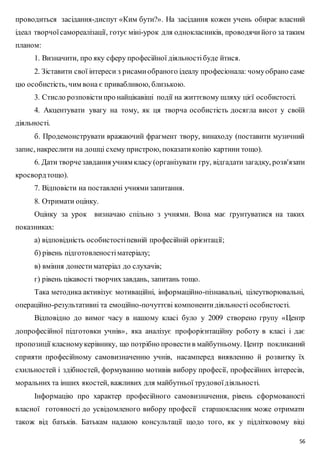 проводиться засідання-диспут «Ким бути?». На засідання кожен учень обирає власний 
ідеал творчої самореалізації, готує міні-урок для однокласників, проводячи його за таким 
планом: 
1. Визначити, про яку сферу професійної діяльності буде йтися. 
2. Зіставити свої інтереси з рисами обраного ідеалу професіонала: чому обрано саме 
56 
цю особистість, чим вона є привабливою, близькою. 
3. Стисло розповісти про найцікавіші події на життєвому шляху цієї особистості. 
4. Акцентувати увагу на тому, як ця творча особистість досягла висот у своїй 
діяльності. 
б. Продемонструвати вражаючий фрагмент твору, винаходу (поставити музичний 
запис, накреслити на дошці схему пристрою, показати копію картини тощо). 
6. Дати творче завдання учням класу (організувати гру, відгадати загадку, розв'язати 
кросворд тощо). 
7. Відповісти на поставлені учнями запитання. 
8. Отримати оцінку. 
Оцінку за урок визначаю спільно з учнями. Вона має ґрунтуватися на таких 
показниках: 
а) відповідність особистості певній професійній орієнтації; 
б) рівень підготовленості матеріалу; 
в) вміння донести матеріал до слухачів; 
г) рівень цікавості творчих завдань, запитань тощо. 
Така методика активізує мотиваційні, інформаційно-пізнавальні, цілеутворювальні, 
операційно-результативні та емоційно-почуттєві компоненти діяльності особистості. 
Відповідно до вимог часу в нашому класі було у 2009 створено групу «Центр 
допрофесійної підготовки учнів», яка аналізує профорієнтаційну роботу в класі і дає 
пропозиції класному керівнику, що потрібно провести в майбутньому. Центр покликаний 
сприяти професійному самовизначенню учнів, насамперед виявленню й розвитку їх 
схильностей і здібностей, формуванню мотивів вибору професії, професійних інтересів, 
моральних та інших якостей, важливих для майбутньої трудової діяльності. 
Інформацію про характер професійного самовизначення, рівень сформованості 
власної готовності до усвідомленого вибору професії старшокласник може отримати 
також від батьків. Батькам надаюю консультації щодо того, як у підлітковому віці 
 