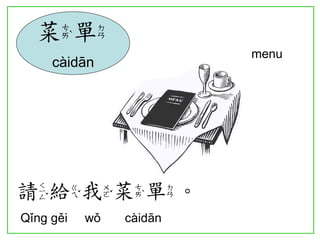 menu 
請給我菜單。 
Qǐng gěi wǒ càidān 
菜單 
càidān  