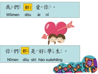 我們 愛你。 
Wǒmen dōu ài nǐ 
都 
你們 是好學生。 
Nǐmen dōu shì hào xuéshēng 
都 
 