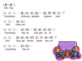 (餐廳) 
Cān tīng 
服務生：歡迎光臨，請問幾位？ 
Fúwùshēng Huānyíng guānglín qǐngwèn jǐwèi 
安妮：兩位。 
Ānnī Liǎng wèi 
服務生：好的，請跟我來！ 
Fúwùshēng Hǎo de qǐng gēn wǒ lái 
安妮：請給我們菜單好嗎？ 
Ānnī Qǐng gěi wǒmen càidān hǎo ma 
服務生：好的。 
Fúwùshēng Hǎo de  