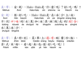 美華：安妮，Halo-Halo是什麼呢？好吃嗎？ 
Měihuá Ānnī Halo-Halo shì shénme ne Hàochī ma 
安妮：很好吃。Halo-Halo是在冰沙上放 
Ānnī Hěn hàochī Halo-Halo shì zài bīngshā shàng fàng 
不同口味的水果和冰淇淋做成的綜合 
bùtóng kǒuwèi de shuǐguǒ hé bīngqílín zuòchéng de zònghé 
水果冰沙。 
shuǐguǒ bīngshā 
美華：真特別。菜單上還有蝦醬炒飯、 
Měihuá Zhēn tèbié Càidān shàng háiyǒu Xiājiàng chǎofàn 
菲式米粉，看起來也很好吃呢！ 
Fēishì mǐfěn kàn qǐlái yě hěn hàochī ne 
 