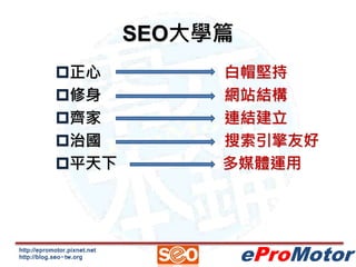 http://epromotor.pixnet.net 
http://blog.seo-tw.org 
eProMotor 
SEO大學篇 
正心白帽堅持 
修身網站結構 
齊家連結建立 
治國搜索引擎友好 
平天下多媒體運用 
 