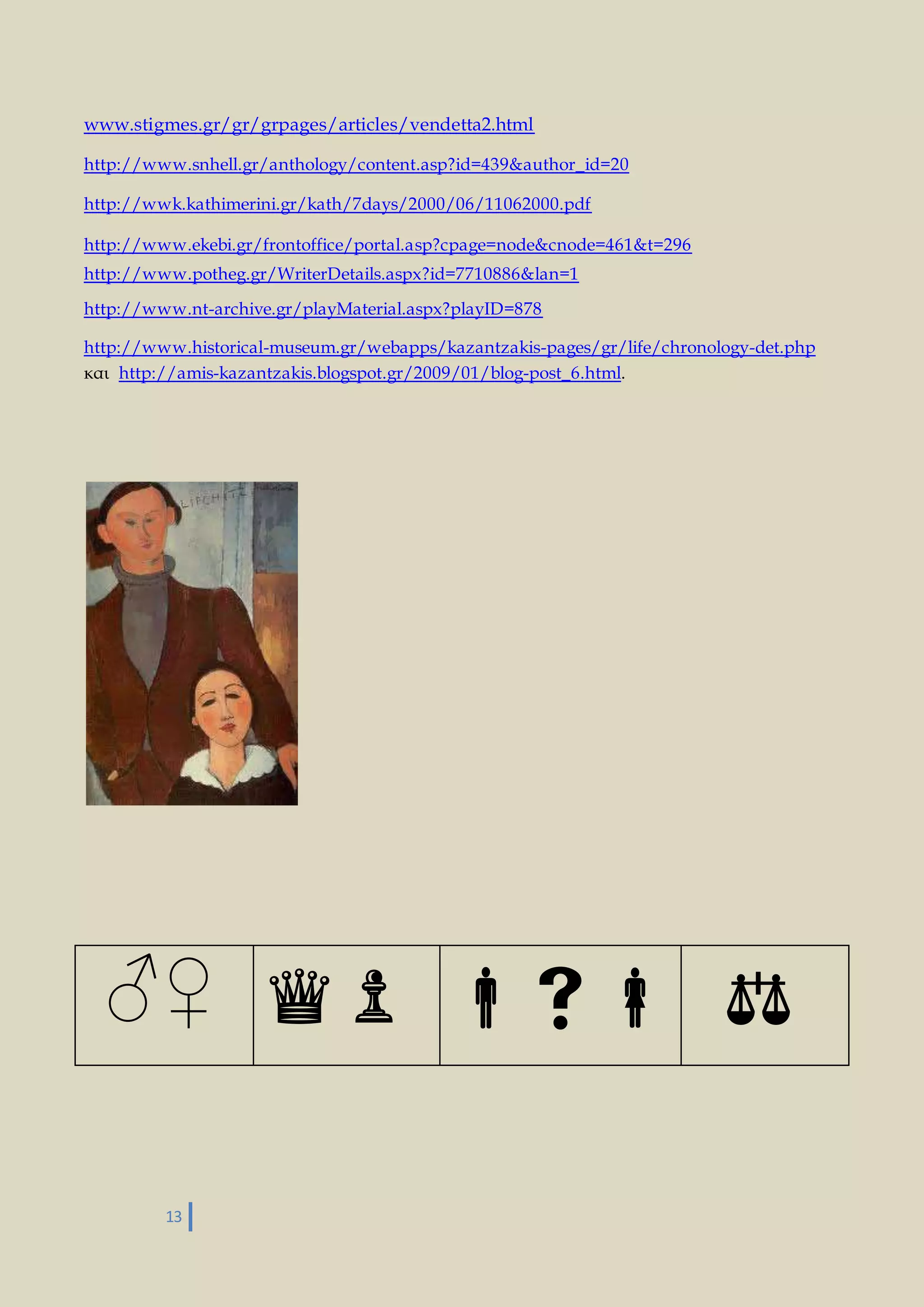 www.stigmes.gr/gr/grpages/articles/vendetta2.html 
http://www.snhell.gr/anthology/content.asp?id=439&author_id=20 
http://wwk.kathimerini.gr/kath/7days/2000/06/11062000.pdf 
http://www.ekebi.gr/frontoffice/portal.asp?cpage=node&cnode=461&t=296 
http://www.potheg.gr/WriterDetails.aspx?id=7710886&lan=1 
http://www.nt-archive.gr/playMaterial.aspx?playID=878 
http://www.historical-museum.gr/webapps/kazantzakis-pages/gr/life/chronology-det.php 
και http://amis-kazantzakis.blogspot.gr/2009/01/blog-post_6.html. 
♂♀ 
13 
♛♟ 
 
⚖ 
 