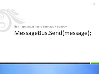 Вся параллельность свелась к вызову 
MessageBus.Send(message); 
10 
 