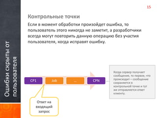 Ошибки скрыты от 
пользователя 
Контрольные точки 
Если в момент обработки произойдет ошибка, то 
пользователь этого никогда не заметит, а разработчики 
всегда могут повторить данную операцию без участия 
пользователя, когда исправят ошибку. 
Когда сервер получает 
сообщение, то первое, что 
происходит – сообщение 
сохраняется в 
контрольной точке и тут 
же отправляется ответ 
клиенту. 
CP1 Job … CPN 
Ответ на 
входящий 
запрос 
15 
 