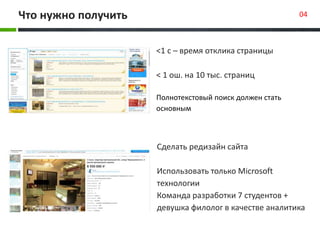 Что нужно получить 04 
<1 с – время отклика страницы 
< 1 ош. на 10 тыс. страниц 
Полнотекстовый поиск должен стать 
основным 
Сделать редизайн сайта 
Использовать только Microsoft 
технологии 
Команда разработки 7 студентов + 
девушка филолог в качестве аналитика 
 