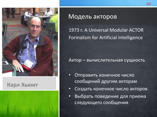 Модель акторов 
1973 г. A Universal Modular ACTOR 
Formalism for Artificial Intelligence 
Актор – вычислительная сущность 
• Отправить конечное число 
сообщений другим акторам 
• Создать конечное число акторов 
• Выбрать поведение для приема 
следующего сообщения 
Карл Хьюит 
07 
 