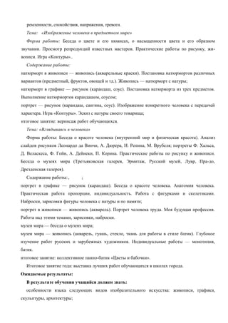 ремленности, спокойствия, напряжения, тревоги. 
Тема: «Изображение человека в предметном мире» 
Форма работы: Беседа о цвете и его нюансах, о насыщенности цвета и его образном 
звучании. Просмотр репродукций известных мастеров. Практические работы по рисунку, жи- 
вописи. Игра «Контуры».. 
Содержание работы: 
натюрморт в живописи — живопись (акварельные краски). Постановка натюрмортов различных 
вариантов (предметный, фруктов, овощей и тд.). Живопись — натюрморт с натуры; 
натюрморт в графике — рисунок (карандаш, соус). Постановка натюрморта из трех предметов. 
Выполнение натюрмортов карандашом, соусом; 
портрет — рисунок (карандаш, сангина, соус). Изображение конкретного человека с передачей 
характера. Игра «Контуры». Эскиз с натуры своего товарища; 
итоговое занятие: вернисаж работ обучающихся. 
Тема: «Вглядываясь в человека» 
Форма работы: Беседа о красоте человека (внутренний мир и физическая красота). Анализ 
слайдов рисунков Леонардо да Винчи, А. Дюрера, И. Репина, М. Врубеля; портреты Ф. Хальса, 
Д. Веласкеса, Ф. Гойи, А. Дейнеки, П. Корина. Практические работы по рисунку и живописи. 
Беседа о музеях мира (Третьяковская галерея, Эрмитаж, Русский музей, Лувр, Пра-до, 
Дрезденская галерея). 
Содержание работы: , ; 
портрет в графике — рисунок (карандаш). Беседа о красоте человека. Анатомия человека. 
Практическая работа пропорции, индивидуальность. Работа с фигурками и скелетиками. 
Наброски, зарисовки фигуры человека с натуры и по памяти; 
портрет в живописи — живопись (акварель). Портрет человека труда. Моя будущая профессия. 
Работа над этими темами, зарисовки, наброски. 
музеи мира — беседа о музеях мира; 
музеи мира — живопись (акварель, гуашь, стекло, ткань для работы в стиле батик). Глубокое 
изучение работ русских и зарубежных художников. Индивидуальные работы — монотипия, 
батик. 
итоговое занятие: коллективное панно-батик «Цветы и бабочки». 
Итоговое занятие года: выставка лучших работ обучающихся в школах города. 
Ожидаемые результаты: 
В результате обучения учащийся должен знать: 
особенности языка следующих видов изобразительного искусства: живописи, графики, 
скульптуры, архитектуры; 
 