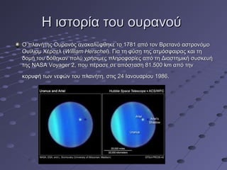 ΗΗ ιισσττοορρίίαα ττοουυ οουυρρααννοούύ 
ΟΟ ππλλααννήήττηηςς ΟΟυυρρααννόόςς αανναακκααλλύύφφθθηηκκεε ττοο 11778811 ααππόό ττοονν ΒΒρρεεττααννόό αασσττρροοννόόμμοο 
ΟΟυυίίλλιιααμμ ΧΧέέρρσσεελλ ((WWiilllliiaamm HHeerrsscchheell)).. ΓΓιιαα ττηη φφύύσσηη ττηηςς ααττμμόόσσφφααιιρρααςς κκααιι ττηη 
δδοομμήή ττοουυ δδόόθθηηκκαανν πποολλύύ χχρρήήσσιιμμεεςς ππλληηρροοφφοορρίίεεςς ααππόό ττηη ΔΔιιαασσττηημμιικκήή σσυυσσκκεευυήή 
ττηηςς NNAASSAA VVooyyaaggeerr 22,, πποουυ ππέέρραασσεε σσεε ααππόόσστταασσηη 8811..550000 kkmm ααππόό ττηηνν 
κκοορρυυφφήή ττωωνν ννεεφφώώνν ττοουυ ππλλααννήήττηη,, σσττιιςς 2244 ΙΙααννοουυααρρίίοουυ 11998866.. 
 