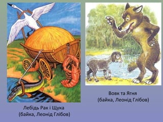 Лебідь Рак і Щука 
(байка, Леонід Глібов) 
Вовк та Ягня 
(байка, Леонід Глібов) 
 