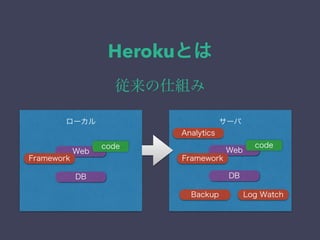 Herokuとは 
従来の仕組み 
ローカル サーバ 
Web 
DB 
code 
Web 
DB 
code 
Analytics 
Framework Framework 
Backup Log Watch 
 