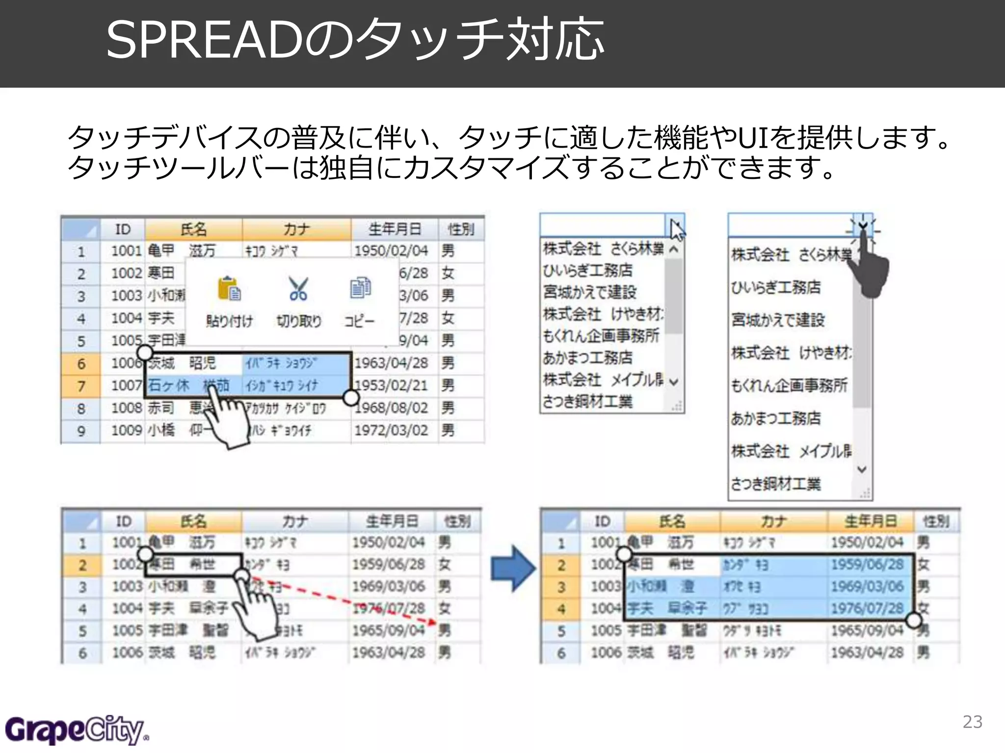 タッチデバイスの普及に伴い、タッチに適した機能やUIを提供します。 
タッチツールバーは独自にカスタマイズすることができます。 
23 
SPREADのタッチ対応 
 
