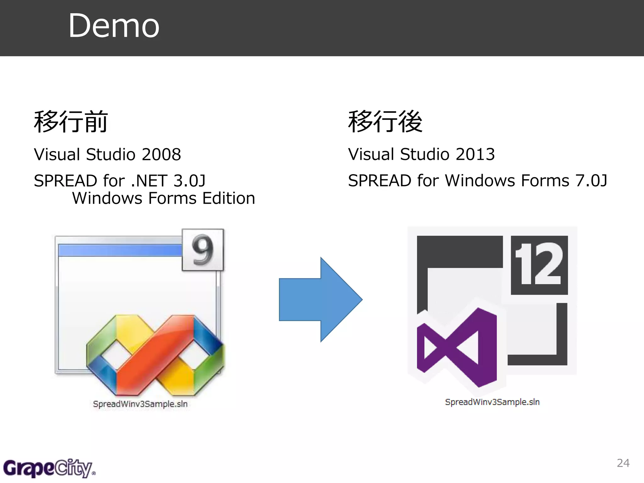 移行前 
Visual Studio 2008 
SPREAD for .NET 3.0J 
Windows Forms Edition 
24 
Demo 
移行後 
Visual Studio 2013 
SPREAD for Windows Forms 7.0J 
 