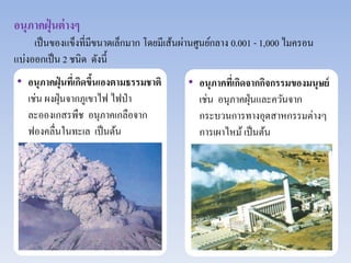 เป็นของแข็งที่มีขนาดเล็กมาก โดยมีเส้นผ่านศูนย์กลาง 0.001 - 1,000 ไมครอน 
• อนุภาคที่เกิดจากกิจกรรมของมนุษย์ 
เช่น อนุภาคฝุ่นและควันจาก 
กระบวนการทางอุตสาหกรรมต่างๆ 
การเผาไหม้ เป็นต้น 
อนุภาคฝุ่นต่างๆ 
แบ่งออกเป็น 2 ชนิด ดังนี้ 
• อนุภาคฝุ่นที่เกิดขึ้นเองตามธรรมชาติ 
เช่น ผงฝุ่นจากภูเขาไฟ ไฟป่า 
ละอองเกสรพืช อนุภาคเกลือจาก 
ฟองคลื่นในทะเล เป็นต้น 
 