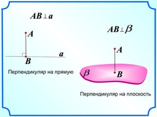 b 
AABB^b 
AA 
BB 
AABB ^ aa 
AA 
BB 
aa 
Перпендикуляр на прямую 
Перпендикуляр на плоскость 
 