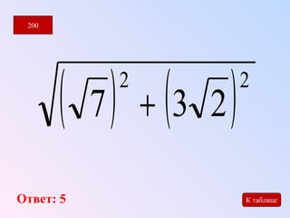 ( )2 ( )2 7 + 3 2 
200 
Ответ: 5 
К таблице 
 