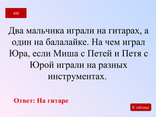 Два мальчика играли на гитарах, а 
один на балалайке. На чем играл 
Юра, если Миша с Петей и Петя с 
Юрой играли на разных 
инструментах. 
400 
К таблице 
Ответ: На гитаре 
 