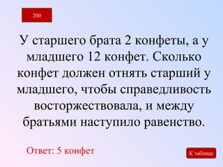 200 
У старшего брата 2 конфеты, а у 
младшего 12 конфет. Сколько 
конфет должен отнять старший у 
младшего, чтобы справедливость 
восторжествовала, и между 
братьями наступило равенство. 
Ответ: 5 конфет К таблице 
 