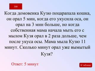 300 
Когда домовенка Кузю поцарапала кошка, 
он орал 5 мин, когда его укусила оса, он 
орал на 3 мин больше, но когда 
собственная мама начала мыть его с 
мылом Кузя орал в 2 раза дольше, чем 
после укуса осы. Мама мыла Кузю 11 
минут. Сколько минут орал уже вымытый 
Кузя? 
Ответ: 5 минут 
К таблице 
 