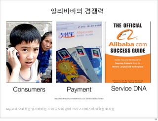 알리바바의 경쟁력 
Consumers Payment Service DNA 
http://tech.sina.com.cn/mobile/n/2011-07-29/09375854217.shtml 
Aliyun의 모회사인 알리바바는 고객 규모와 결제 그리고 서비스에 익숙한 회사임 
33 
 