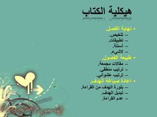 • نهاية الفصل. 
– تلخيص. 
– تطبيقات. 
– أسئلة. 
– لاشيء. 
• طبيعة الفصول. 
– مقالات مجمعة. 
– ترتيب منطقي. 
– ترتيب عشوائي. 
• اعادة صياغة الهدف. 
– بلورة الهدف من القراءة. 
– تبديل الهدف. 
– عدم القراءة. 
 