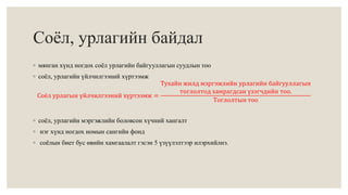 Соёл, урлагийн байдал 
◦ мянган хүнд ногдох соёл урлагийн байгууллагын суудлын тоо 
◦ соёл, урлагийн үйлчилгээний хүртээмж 
Соёл урлагын үйлчилгээний хүртээмж = 
Тухайн жилд мэргэжлийн урлагийн байгууллагын 
тоглолтод хамрагдсан үзэгчдийн тоо. 
Тоглолтын тоо 
◦ соёл, урлагийн мэргэжлийн боловсон хүчний хангалт 
◦ нэг хүнд ногдох номын сангийн фонд 
◦ соёлын биет бус өвийн хамгаалалт гэсэн 5 үзүүлэлтээр илэрхийлнэ. 
 