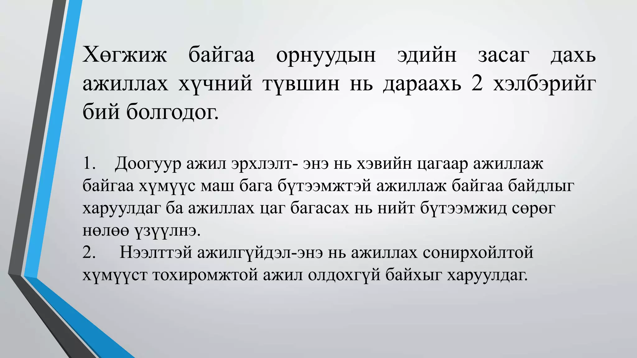 Хөгжиж байгаа орнуудын эдийн засаг дахь 
ажиллах хүчний түвшин нь дараахь 2 хэлбэрийг 
бий болгодог. 
1. Доогуур ажил эрхлэлт- энэ нь хэвийн цагаар ажиллаж 
байгаа хүмүүс маш бага бүтээмжтэй ажиллаж байгаа байдлыг 
харуулдаг ба ажиллах цаг багасах нь нийт бүтээмжид сөрөг 
нөлөө үзүүлнэ. 
2. Нээлттэй ажилгүйдэл-энэ нь ажиллах сонирхойлтой 
хүмүүст тохиромжтой ажил олдохгүй байхыг харуулдаг. 
 
