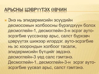 АРЬСНЫ ЦЭВРҮҮТЭХ ӨВЧИН 
 Энэ нь эпидермисийн эсүүдийн 
десмосомын холбоосны бүрэлдхүүн болох 
десмоглейн-1, десмоглейн-3-н эсрэг ауто- 
эсрэгбие үүссэнээр арьс, салст бүрхэвч 
цэврүүтэх шижээр илэрдэг. ауто-эсрэгбие 
нь эс хоорондын холбоог тасалж, 
эпидермисийн бүтцийг эвдэнэ. 
десмоглейн-3 үед салс гэмтэнэ. 
Десмоглейн-1, десмоглейн-3-н эсрэг ауто- 
эсрэгбие үүсвэл арьс, салст гэмтэнэ. 
 