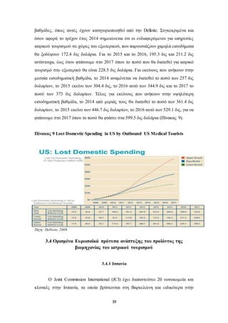 βαθμίδες, όπως αυτές έχουν κατηγοριοποιηθεί από την Delloite. Συγκεκριμένα και 
όσον αφορά το τρέχον έτος 2014 σημειώνεται ότι οι ενδιαφερόμενοι για υπηρεσίες 
ιατρικού τουρισμού σε χώρες του εξωτερικού, που παρουσιάζουν χαμηλά εισοδήματα 
θα ξοδέψουν 172.4 δις δολάρια. Για το 2015 και το 2016, 195.3 δις και 211.2 δις 
αντίστοιχα, έως ότου φτάσουμε στο 2017 όπου το ποσό που θα διατεθεί για ιατρικό 
τουρισμό στο εξωτερικό θα είναι 228.5 δις δολάρια. Για εκείνους που ανήκουν στην 
μεσαία εισοδηματική βαθμίδα, το 2014 αναμένεται να διατεθεί το ποσό των 257 δις 
δολαρίων, το 2015 εκείνο των 304.4 δις, το 2016 αυτό των 344.9 δις και το 2017 το 
ποσό των 373 δις δολαρίων. Τέλος για εκείνους που ανήκουν στην υψηλότερη 
εισοδηματική βαθμίδα, το 2014 από μεριάς τους θα διατεθεί το ποσό των 361.4 δις 
δολαρίων, το 2015 εκείνο των 446.7 δις δολαρίων, το 2016 αυτό των 529.1 δις, για να 
φτάσουμε στο 2017 όπου το ποσό θα φτάσει στα 599.5 δις δολάρια (Πίνακας 9). 
Πίνακας 9 Lost Domestic Spending in US by Outbound US Medical Tourists 
39 
Πηγή: Delloite, 2008 
3.4 Ορισμένα Ευρωπαϊκά πρότυπα ανάπτυξης του προϊόντος της 
βιομηχανίας του ιατρικού τουρισμού 
3.4.1 Ισπανία 
Ο Joint Commission International (JCI) έχει διαπιστεύσει 20 νοσοκομεία και 
κλινικές στην Ισπανία, τα οποία βρίσκονται στη Βαρκελώνη και ειδικότερα στην 
 