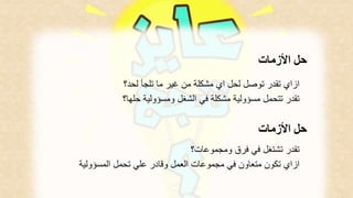 حل الأزمات 
ازاي تقدر توصل لحل اي مشكلة من غير ما تلجأ لحد؟ 
تقدر تتحمل مسؤولية مشكلة في الشغل ومسؤولية حلها؟ 
حل الأزمات 
تقدر تشتغل في فرق ومجموعات؟ 
ازاي تكون متعاون في مجموعات العمل وقادر علي تحمل المسؤولية 
 
