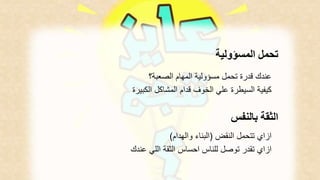 تحمل المسؤولية 
عندك قدرة تحمل مسؤولية المهام الصعبة؟ 
كيفية السيطرة علي الخوف قدام المشاكل الكبيرة 
الثقة بالنفس 
ازاي تتحمل النقض )البناء والهدام( 
ازاي تقدر توصل للناس احساس الثقة اللي عندك 
 