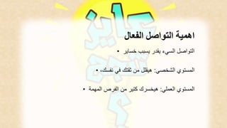 اهمية التواصل الفعال 
التواصل السيء يقدر يسبب خساير • 
المستوي الشخصي: هيقلل من ثقتك في نفسك، • 
المستوي العملي: هيخسرك كتير من الفرص المهمة • 
 