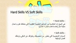 Hard Skills VS Soft Skills 
• Hard skills : 
هي المهارات المكتسبة من المناهج التعليمية التقليدية اللي بتمكنك تقوم باعمال 
معينة مثل )هندسة،طب،تجارة اعمال( 
• Soft skills : 
السمات الشخصية اللي بتطور من شخصيتك وبتفرقك عن الباقي وتؤهلك 
افضل للوظيفة 
 