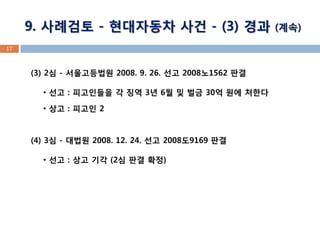 17 
(3) 2심 - 서울고등법원 2008. 9. 26. 선고 2008노1562 판결 
• 선고 : 피고인들을 각 징역 3년 6월 및 벌금 30억 원에 처한다 
• 상고 : 피고인 2 
(4) 3심 - 대법원 2008. 12. 24. 선고 2008도9169 판결 
• 선고 : 상고 기각 (2심 판결 확정) 
9. 사례검토 - 현대자동차 사건 - (3) 경과 (계속)  
