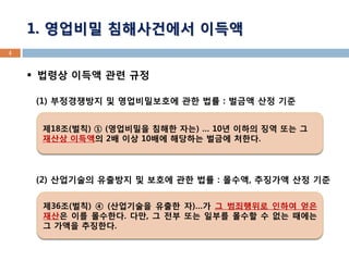 1. 영업비밀 침해사건에서 이득액 
법령상 이득액 관련 규정 
(1) 부정경쟁방지 및 영업비밀보호에 관한 법률 : 벌금액 산정 기준 
(2) 산업기술의 유출방지 및 보호에 관한 법률 : 몰수액, 추징가액 산정 기준 
4 
제18조(벌칙) ① (영업비밀을 침해한 자는) … 10년 이하의 징역 또는 그 재산상 이득액의 2배 이상 10배에 해당하는 벌금에 처한다. 
제36조(벌칙) ④ (산업기술을 유출한 자)…가 그 범죄행위로 인하여 얻은 재산은 이를 몰수한다. 다만, 그 전부 또는 일부를 몰수할 수 없는 때에는 그 가액을 추징한다.  