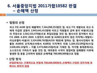 42 
법원의 산정 피고 F의 A100 등의 매출액이 7,344,098,353원인 점, 피고 F가 개발비로 피고 G에게 지급한 금원이 2,945,641,412원에 이르고 직원들의 급여 등이 비용(피고들의 주장으로 3,565,535,479원)으로 투입되었을 것인 점, 형사사건 증거에서 피고 F가 2008. 6.부터 2010. 3.경까지 A100 및 A200으로부터 얻은 이익액(=개발비+ 러닝로열티-비용)이 5,524,696,762원(A210 제외)에 달하는 점, 형사사건에서 제출된 A100의 손익계산서에서 A100의 이익액이 미화 1,184,532.89달러(수입 3,658,401.14달러 – 지출 2,473,868.25달러)로 기재된 점, 저가형 휴대폰에서는 소스코드의 기여도가 높을 것인 점, 대부분의 수익이 영업비밀 침해행위 이후에 발생한 점 등을 고려하여 법원은 손해액을 700,000,000원으로 정함 
산정 방식 판결문에서는 구체적으로 어떻게 700,000,000원의 손해액이 산정된 것인지에 대해서는 밝히지 않음 
6. 서울중앙지법 2011가합10582 판결 
– 손해액 산정  
