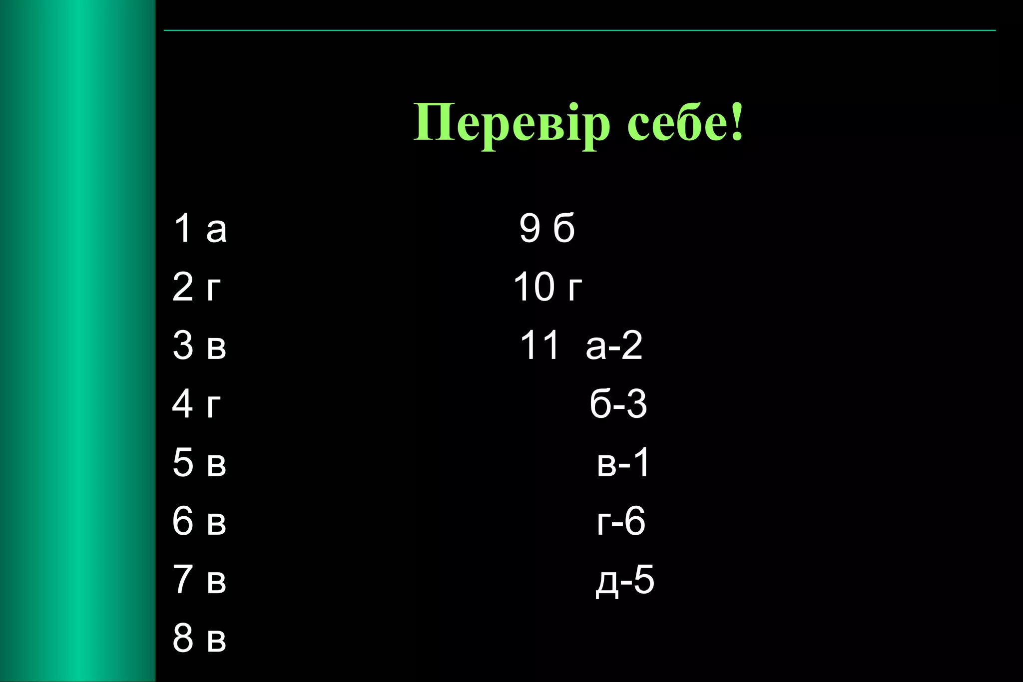 Перевір себе! 
1 а 9 б 
2 г 10 г 
3 в 11 а-2 
4 г б-3 
5 в в-1 
6 в г-6 
7 в д-5 
8 в 
 