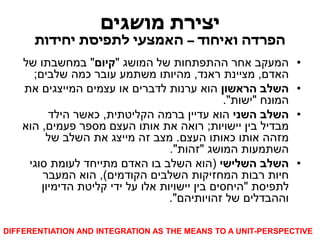 יצירת מושגים 
הפרדה ואיחוד – האמצעי לתפיסת יחידות 
• המעקב אחר ההתפתחות של המושג "קיום" במחשבתו של 
האדם, מציינת ראנד, מהיותו משתמע עובר כמה שלבים; 
• השלב הראשון הוא ערנות לדברים או עצמים המייצגים את 
המונח "ישות". 
• השלב השני הוא עדיין ברמה הקליטתית, כאשר הילד 
מבדיל בין יישויות; רואה את אותו העצם מספר פעמים, הוא 
מזהה אותו כאותו העצם. מצב זה מייצג את השלב של 
השתמעות המושג "זהות". 
• השלב השלישי )הוא השלב בו האדם מתייחד לעומת סוגי 
חיות רבות המחזיקות השלבים הקודמים(, הוא המעבר 
לתפיסת "היחסים בין יישויות אלו על ידי קליטת הדימיון 
וההבדלים של זהויותיהם". 
DIFFERENTIATION AND INTEGRATION AS THE MEANS TO A UNIT-PERSPECTIVE  