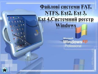 Файлові системи FAT, 
NTFS, Ext2, Ext 3, 
Ext 4,Системний реєстр 
Windows 
 